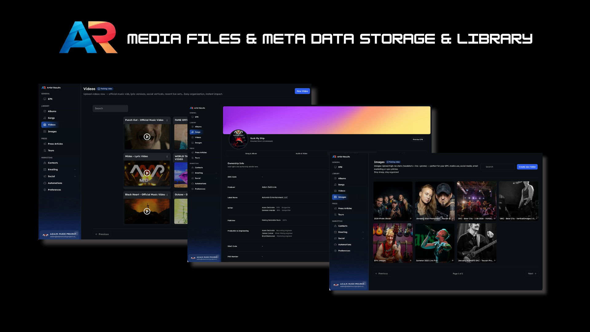 Music catalog with audio files, videos, and metadata