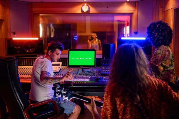 A vocal recording session in a music studio