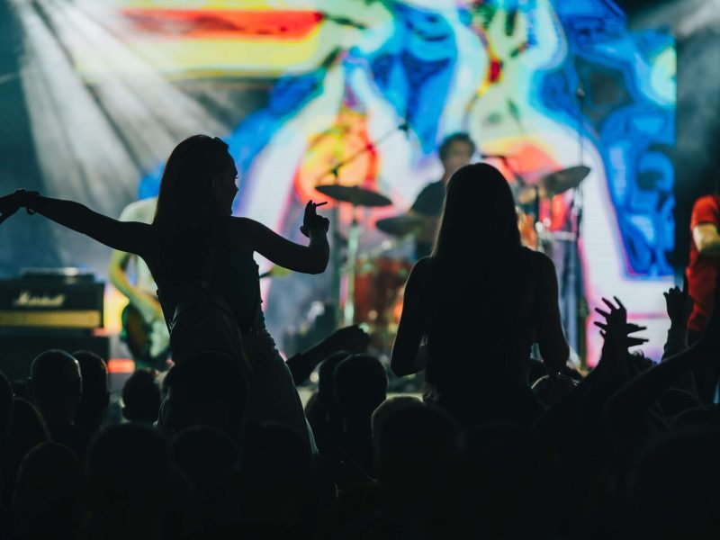 Two fans dancing in the crowd at a concert